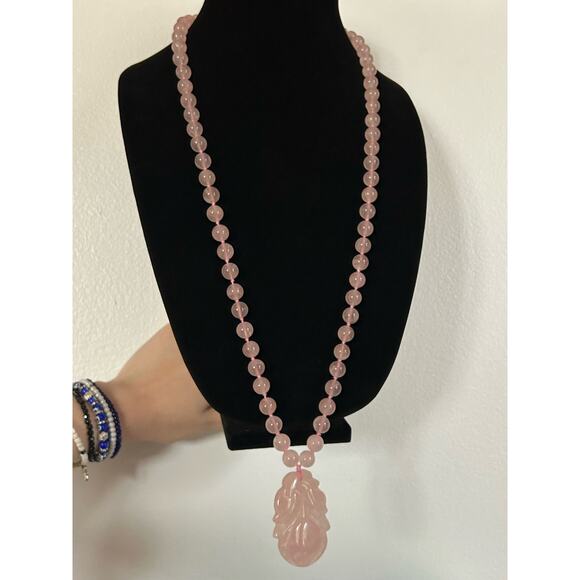 Handmade Rose Quartz Knotted 32 inch Necklace, 2 inch Rose Centerpiece - Picture 4 of 8